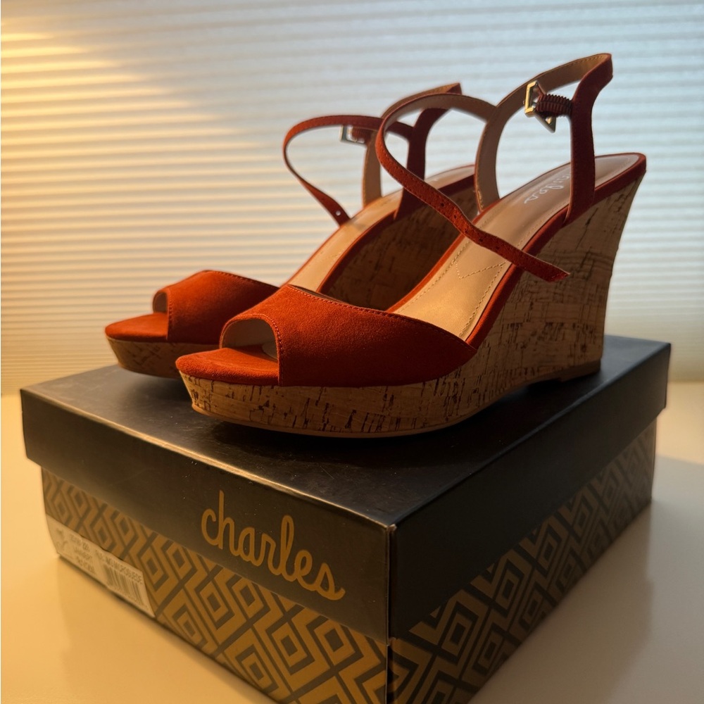 Charles By Charles David Rust Suede Cork Wedge Sandals